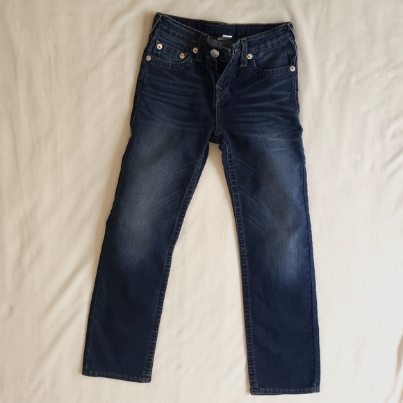 True Religion Jeans Boys size 10 Straight leg Dark Blue Horseshoe Denim Buddha - Picture 1 of 4